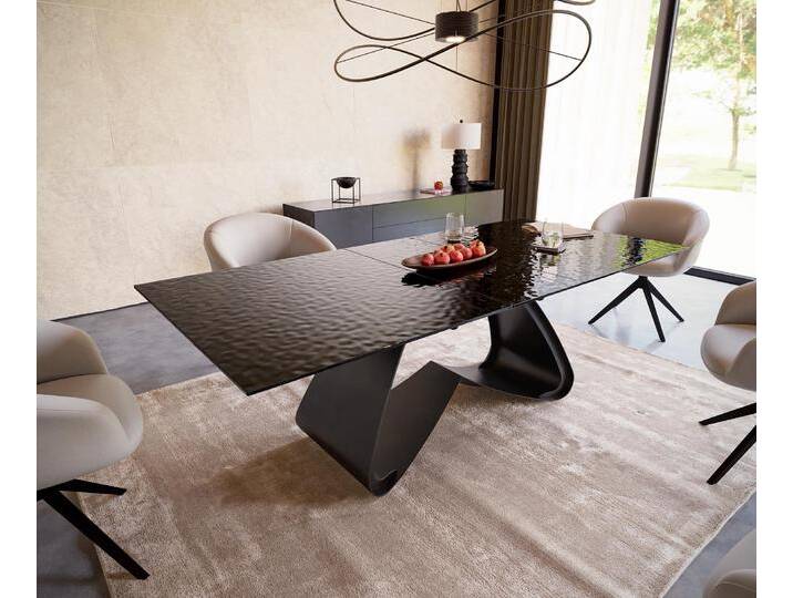 Esstisch Edge 180-220x100 Reliefglas Rauchschwarz 3D-Design W-Gestell Schwarz ausziehbar, Esstische von Delife