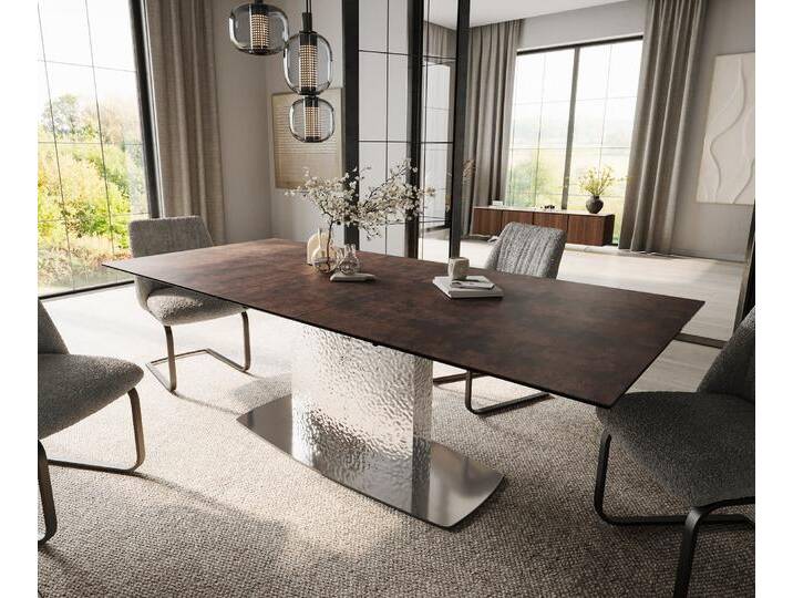 Esstisch Edge 180-220x90 Glas Antique-braun Wave Edelstahl ausziehbar, Esstische von Delife