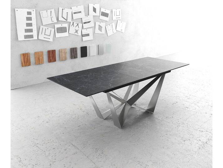Esstisch Edge 180-220x90cm Keramik Laminam®Nero Greco Anthrazit Mittelfuß Flachstahl Silber ausziehbar, Esstische von Delife