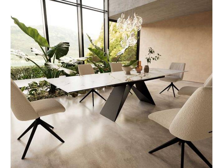 Esstisch Edge 200-300x100 Keramik Calacatta Luxe Weiß-Gold-Grau V-Gestell Flachstahl Schwarz ausziehbar, Esstische Esstisch Edge 200-300x100 Keramik Calacatta Luxe Weiß-Gold-Grau V-Gestell Flachstahl Schwarz ausziehbar, Esstische von Delife