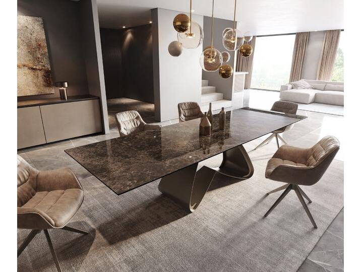 Esstisch Edge 200-300x100 Keramik Laminam® Emperador Extra Lucidato Dunkelbraun W-Gestell Effektfinish Titan ausziehbar, Esstische von Delife