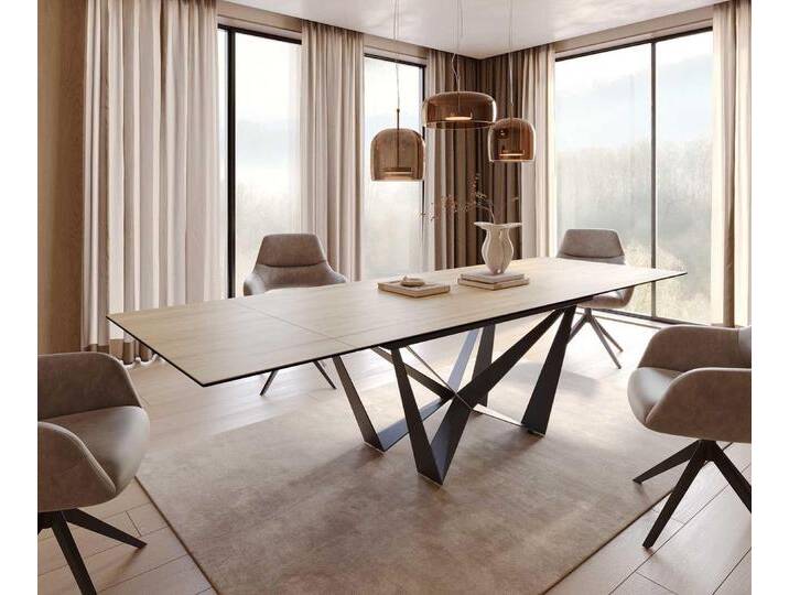Esstisch Edge 200-300x100 Keramik Laminam® Sabbia Eichefarbig Spider Flachstahl Schwarz ausziehbar, Esstische von Delife