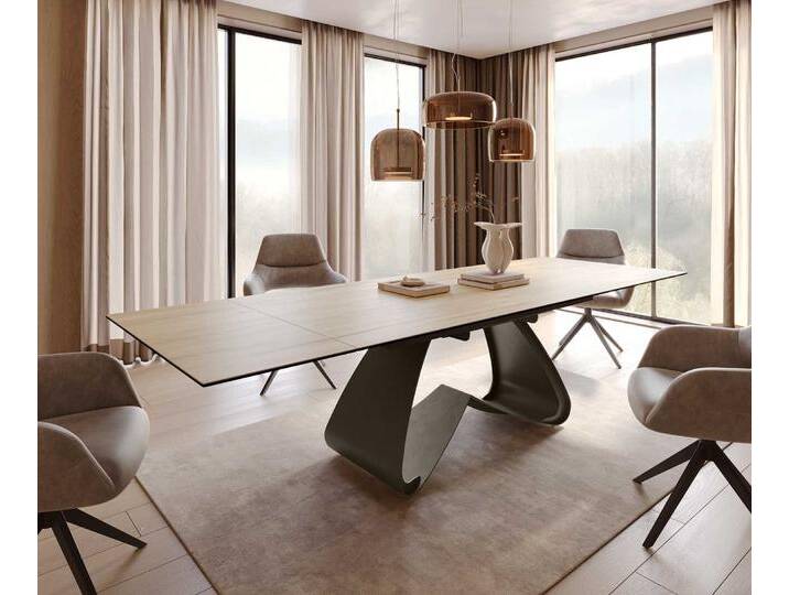 Esstisch Edge 200-300x100 Keramik Laminam® Sabbia Eichefarbig W-Gestell Effektfinish Titan Ausziehbar, Esstische von Delife