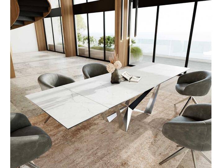 Esstisch Edge 200-300x100 Keramik Laminam®Statuarietto Weiß Spider Flachstahl Edelstahl ausziehbar, Esstische von Delife