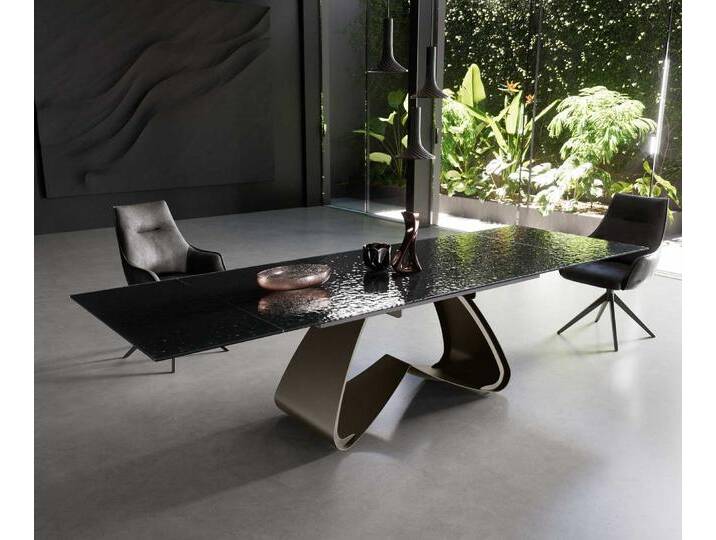 Esstisch Edge 200-300x100 Reliefglas Rauchschwarz 3D-Design W-Gestell Effektfinish Titan ausziehbar, Esstische von Delife