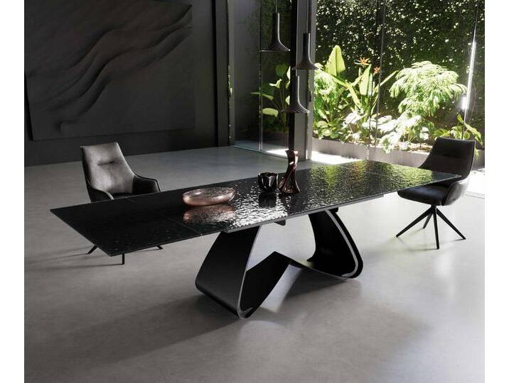 Esstisch Edge 200-300x100 Reliefglas Rauchschwarz 3D-Design W-Gestell Schwarz ausziehbar, Esstische Esstisch Edge 200-300x100 Reliefglas Rauchschwarz 3D-Design W-Gestell Schwarz ausziehbar, Esstische von Delife