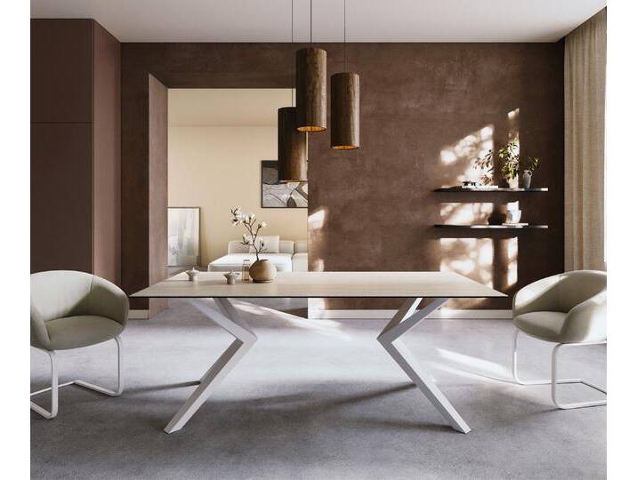 Esstisch Edge 200x100 Keramik Laminam® Travertino Bianco Creme-Weiß Zenthara kantig Metall Weiß, Esstische von Delife