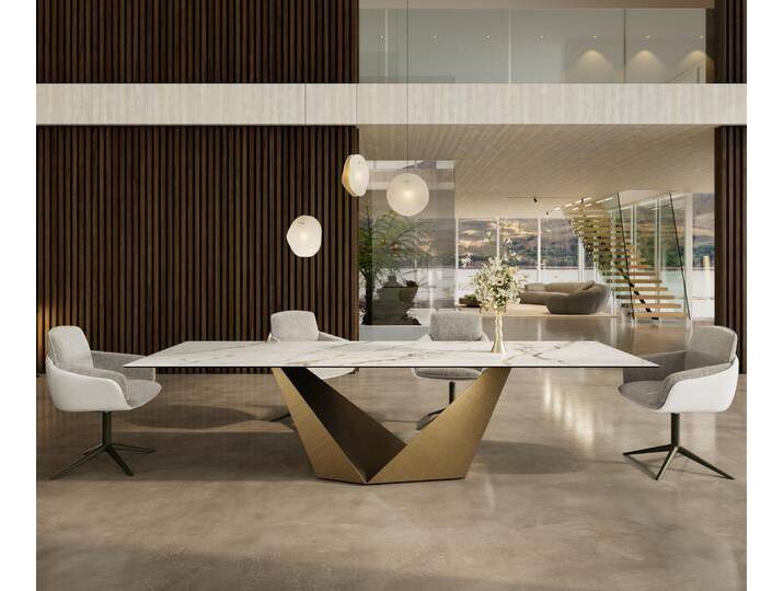 Esstisch Edge 300x100 Keramik Calacatta Luxe Weiß-Gold-Grau Prisma Metallic Gold, Esstische Esstisch Edge 300x100 Keramik Calacatta Luxe Weiß-Gold-Grau Prisma Metallic Gold, Esstische von Delife