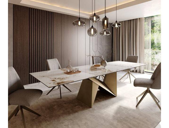Esstisch Edge 300x100 Keramik Minas Melange Weiß-Beige Origami Metallic Gold, Esstische von Delife