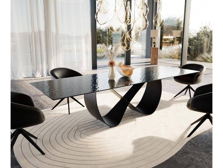 Esstisch Edge 300x100 Reliefglas Rauchschwarz 3D-Design Infinity Metall Schwarz, Esstische von Delife