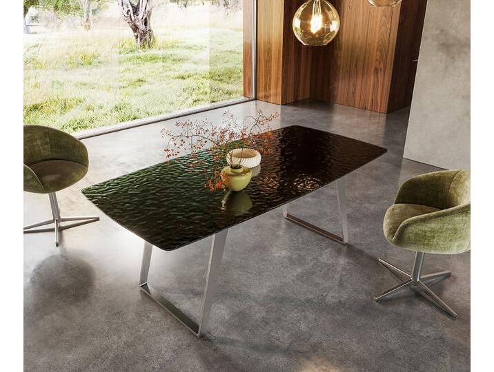 Esstisch Edge Boot 200x100 Reliefglas Rauchschwarz 3D-Design Edelstahl Schräg, Esstische von Delife