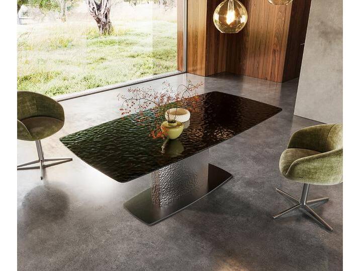 Esstisch Edge Boot 200x100 Reliefglas Rauchschwarz 3D-Design Wave Edelstahl, Esstische von Delife