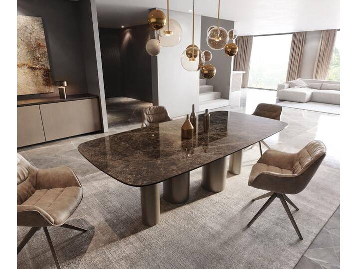 Esstisch Edge Boot 240x120 Keramik Laminam® Emperador Extra Lucidato Dunkelbraun Pilier Metall Effektfinish Titan, Esstische von Delife