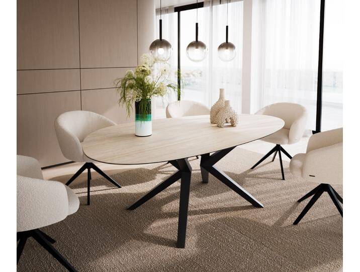Esstisch Edge Oval 220x120 Keramik Laminam®Travertino Bianco Creme-Weiß? Zenthara kantig Metall Schwarz, Esstische von Delife