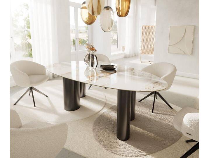 Esstisch Edge Oval 220x120 Keramik Minas Melange Weiß-Beige Pilier Edelstahl Graphit, Esstische von Delife