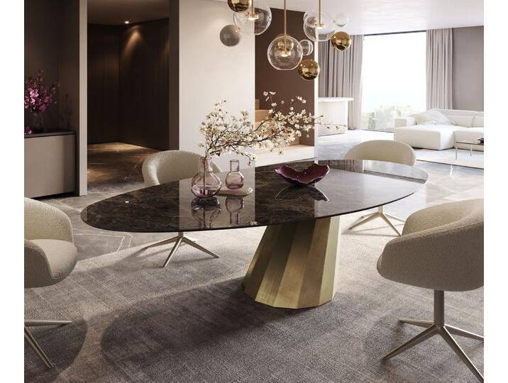 Esstisch Edge Oval 280x130 Keramik Laminam® Emperador Extra Lucidato Dunkelbraun Parabel Metallic Gold, Esstische von Delife