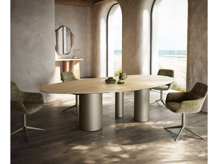 Esstisch Edge Oval 280x130 Keramik Laminam® Sabbia Eichefarbig Troa Metall Effektfinish Titan, Esstische von Delife