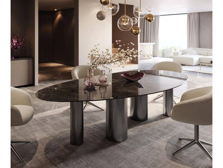 Esstisch Edge Oval 280x130 Keramik Laminam®Emperador Extra Lucidato Dunkelbraun Pilier Edelstahl Graphit, Esstische von Delife