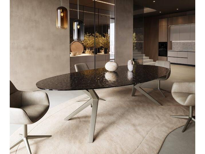 Esstisch Edge Oval 280x130 Reliefglas Rauchschwarz 3D-Design Zenthara kantig Metall Effektfinish Titan, Esstische von Delife