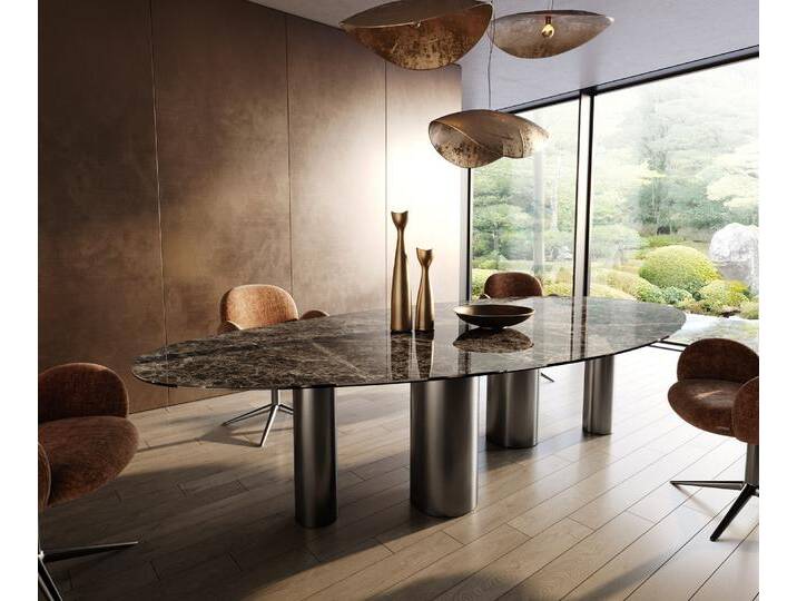 Esstisch Edge Oval 315x150 Keramik Laminam®Emperador Extra Lucidato Dunkelbraun Pilier Edelstahl Graphit, Esstische von Delife