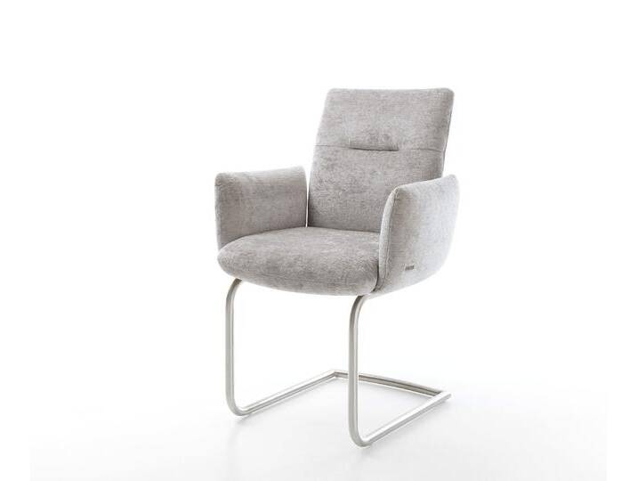 Freischwinger Jova-Flex mit Armlehnen Chenille Silbergrau Freischwinger rund Edelstahl Taschenfederkern, Esszimmerstühle von Delife