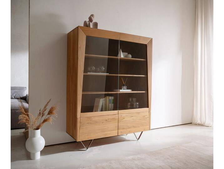 Highboard Kayu 115x150 cm Akazie Natur 2 Glastüren V-Fuß, Vitrinen von Delife