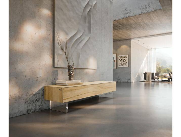Lowboard Cuor 150 cm Keramik Laminam® Sabbia Eichefarbig 1 Klappe 1 Schubfach Fuß Schwebeoptik Acrylglas, Lowboards von Delife