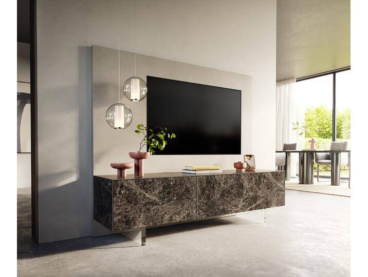 Lowboard Cuor 180 cm Keramik Laminam® Emperador Extra Lucidato Dunkelbraun 1 Klappe 2 Schubfächer Fuß Schwebeoptik Acrylglas, Lowboards von Delife