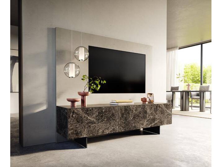Lowboard Cuor 180 cm Keramik Laminam® Emperador Extra Lucidato Dunkelbraun 1 Klappe 2 Schubfächer Fuß Schwebeoptik Metall Schwarz, Lowboards von Delife