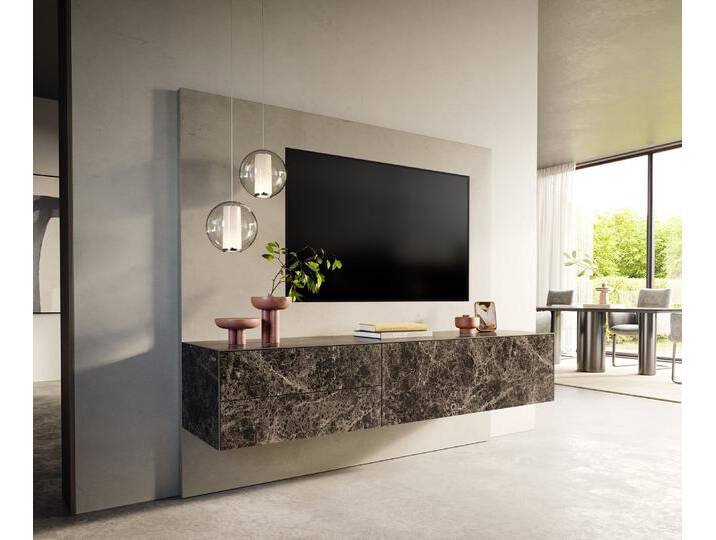 Lowboard Cuor 180 cm Keramik Laminam® Emperador Extra Lucidato Dunkelbraun 1 Klappe 2 Schubfächer Schwebend, Lowboards von Delife