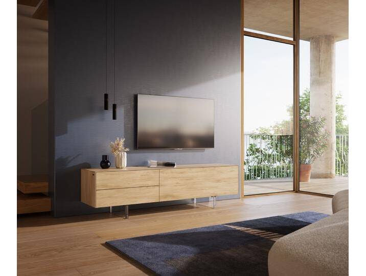 Lowboard Cuor 180 cm Keramik Laminam® Sabbia Eichefarbig 1 Klappe 2 Schubfächer Fuß Schwebeoptik Acrylglas, Lowboards von Delife