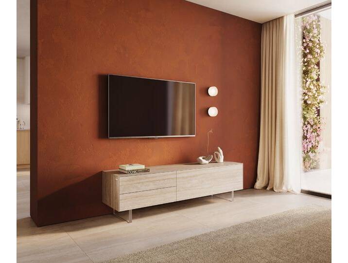 Lowboard Cuor 180 cm Keramik Laminam® Travertino Bianco Creme-Weiß 1 Klappe 2 Schubfächer Fuß Schwebeoptik Acrylglas, Lowboards von Delife