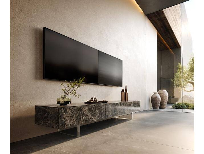 Lowboard Cuor 200 cm Keramik Laminam® Emperador Extra Lucidato Dunkelbraun 1 Klappe 1 Schubfach Fuß Schwebeoptik Acrylglas, Lowboards von Delife