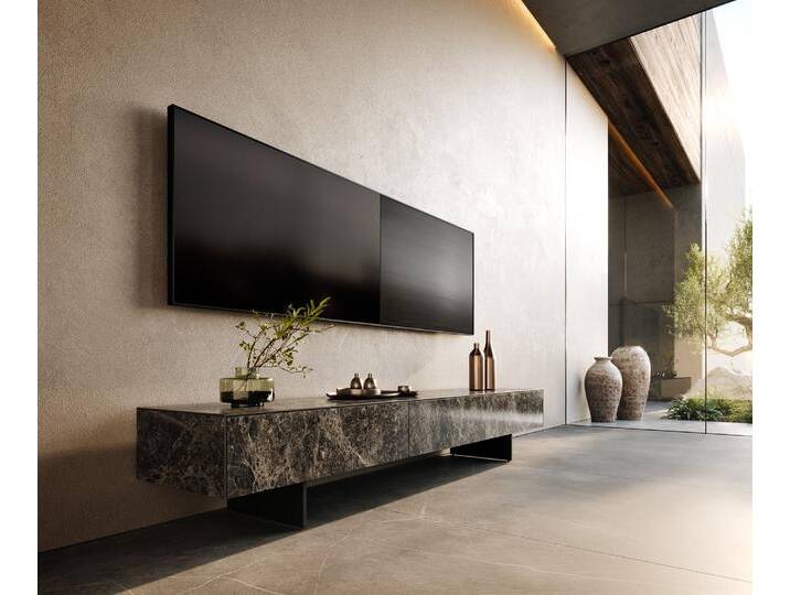 Lowboard Cuor 200 cm Keramik Laminam® Emperador Extra Lucidato Dunkelbraun 1 Klappe 1 Schubfach Fuß Schwebeoptik Metall Schwarz, Lowboards von Delife
