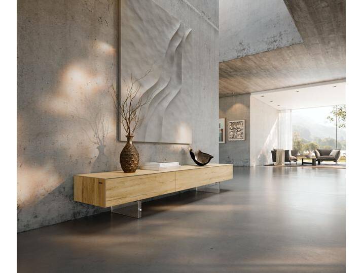 Lowboard Cuor 200 cm Keramik Laminam® Sabbia Eichefarbig 1 Klappe 1 Schubfach Fuß Schwebeoptik Acrylglas, Lowboards von Delife