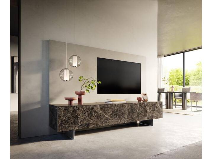 Lowboard Cuor 220 cm Keramik Laminam® Emperador Extra Lucidato Dunkelbraun 1 Klappe 2 Schubfächer Fuß Schwebeoptik Edelstahl, Lowboards von Delife
