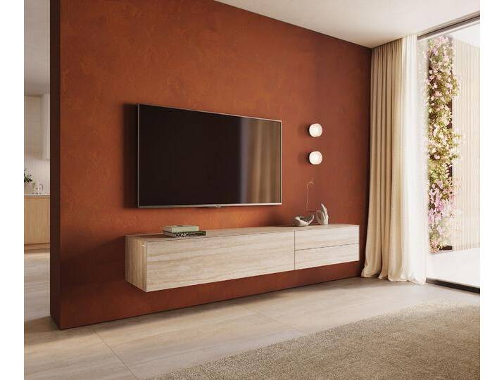 Lowboard Cuor 220 cm Keramik Laminam® Travertino Bianco Creme-Weiß 1 Klappe 2 Schubfächer Schwebend, Lowboards von Delife