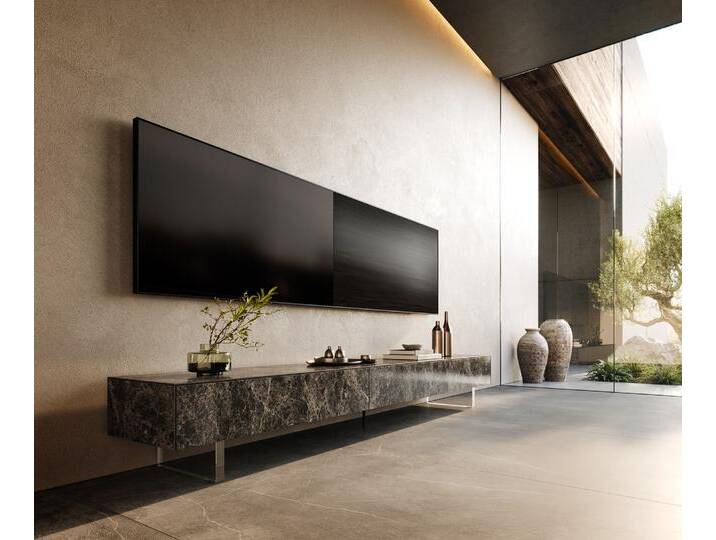 Lowboard Cuor 250 cm Keramik Laminam® Emperador Extra Lucidato Dunkelbraun 1 Klappe 1 Schubfach Fuß Schwebeoptik Acrylglas, Lowboards von Delife