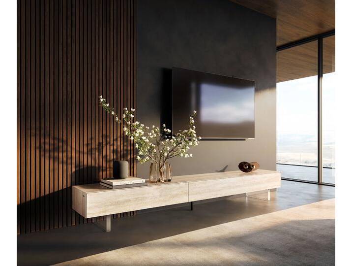 Lowboard Cuor 250 cm Keramik Laminam® Travertino Bianco Creme-Weiß 1 Klappe 1 Schubfach Fuß Schwebeoptik Acrylglas, Lowboards von Delife