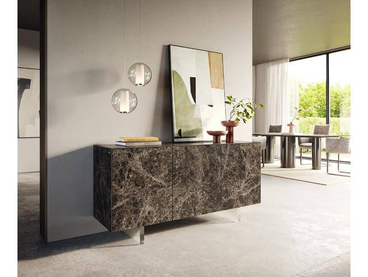 Sideboard Cuor 150 cm Keramik Laminam® Emperador Extra Lucidato Dunkelbraun 3 Türen Fuß Schwebeoptik Acrylglas, Sideboards von Delife