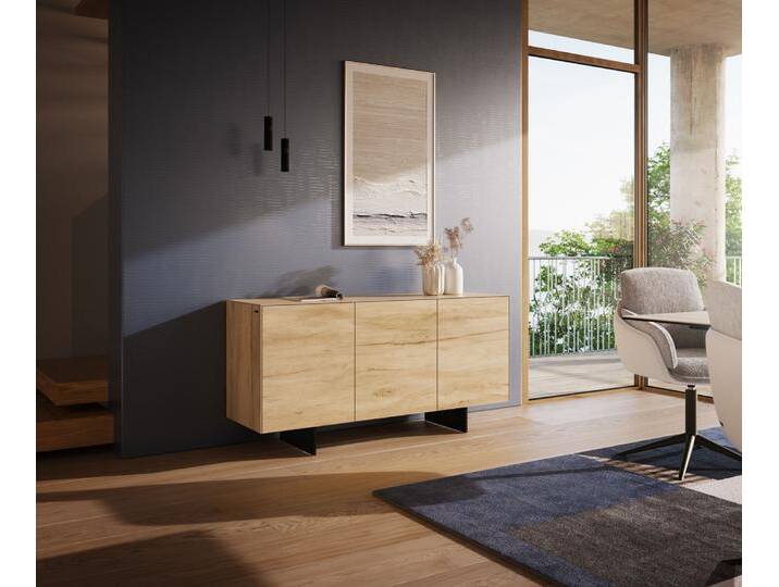 Sideboard Cuor 150 cm Keramik Laminam® Sabbia Eichefarbig 3 Türen Fuß Schwebeoptik Metall Schwarz, Sideboards von Delife