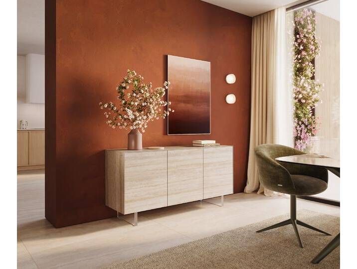 Sideboard Cuor 150 cm Keramik Laminam® Travertino Bianco Creme-Weiß 3 Türen Fuß Schwebeoptik Acrylglas, Sideboards von Delife