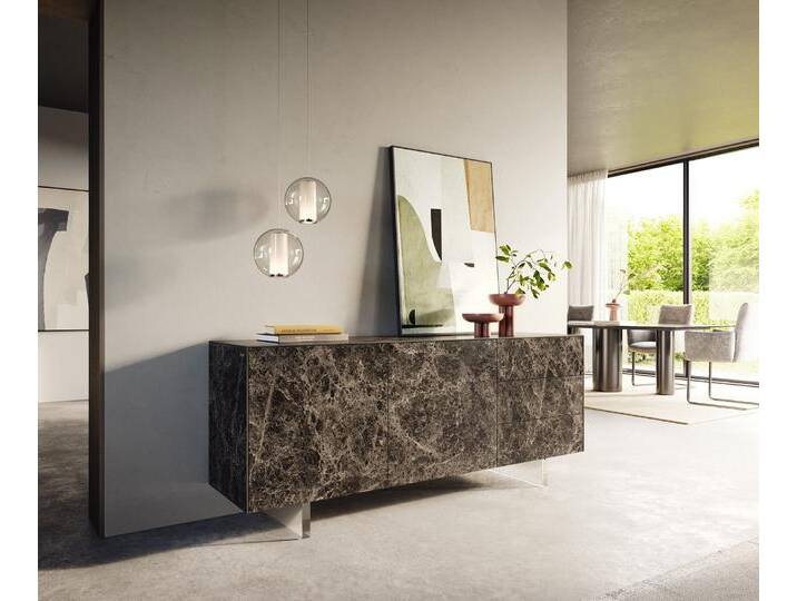 Sideboard Cuor 180 cm Keramik Laminam® Emperador Extra Lucidato Dunkelbraun 2 Türen 3 Schubfächer Fuß Schwebeoptik Acrylglas, Sideboards von Delife