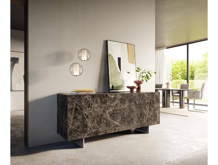 Sideboard Cuor 180 cm Keramik Laminam® Emperador Extra Lucidato Dunkelbraun 2 Türen 3 Schubfächer Fuß Schwebeoptik Edelstahl, Sideboards von Delife