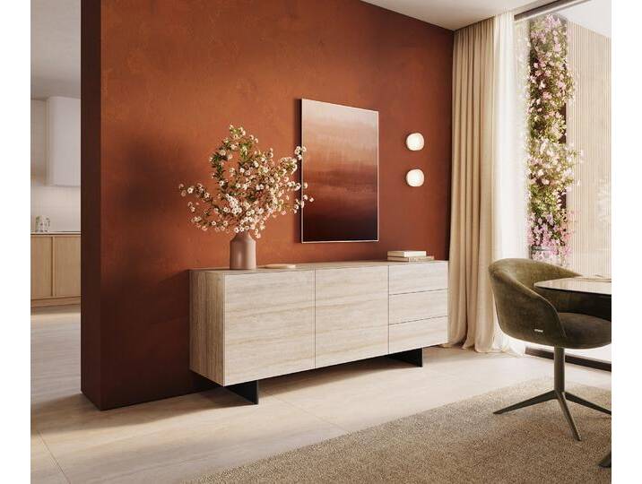 Sideboard Cuor 180 cm Keramik Laminam® Travertino Bianco Creme-Weiß 2 Türen 3 Schubfächer Fuß Schwebeoptik Metall Schwarz, Sideboards von Delife