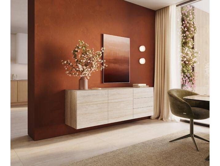 Sideboard Cuor 180 cm Keramik Laminam® Travertino Bianco Creme-Weiß 2 Türen 3 Schubfächer Schwebend, Sideboards von Delife