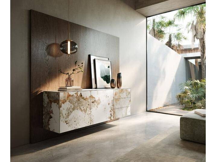 Sideboard Cuor 180 cm Keramik Minas Melange Weiß-Beige 2 Türen 3 Schubfächer Schwebend, Sideboards von Delife
