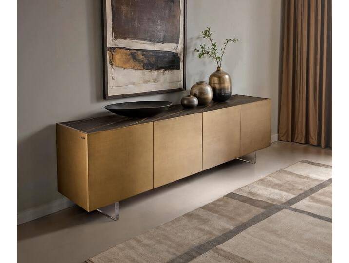 Sideboard Kazu 220 cm Metallic Gold 4 Türen Acrylfuß Keramik Laminam®Noir Desir Braun, Sideboards von Delife