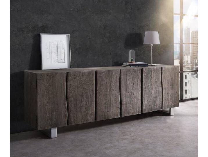 Sideboard Live-Edge 220 cm Akazie Platin massiv 6 Türen, Sideboards, Baumkantenmöbel, Massivholzmöbel, Massivholz von Delife