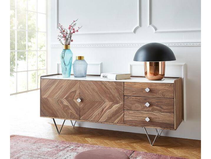 Sideboard Pacino 175 cm Sheesham Natur Steinplatte Weiß, Sideboards von Delife